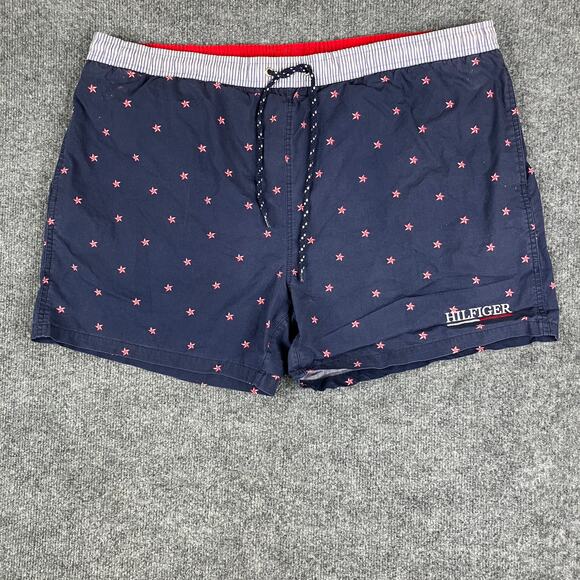 Tommy Hilfiger Swim Trunks Mens Size L Navy Star Print Mesh Lined Drawstring - Picture 1 of 11